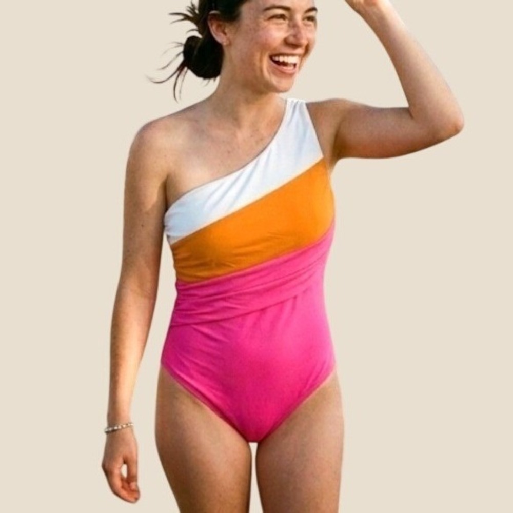 Sz 4 La Blanca Women One Shoulder Colorblock Ruched 1 Piece Swimsuit Pink Orange